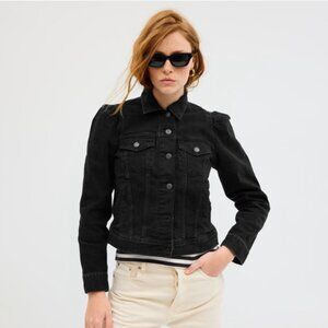 GAP Puff Sleeve Denim Jacket | Small | Faded Black Wash Button Closure Pockets